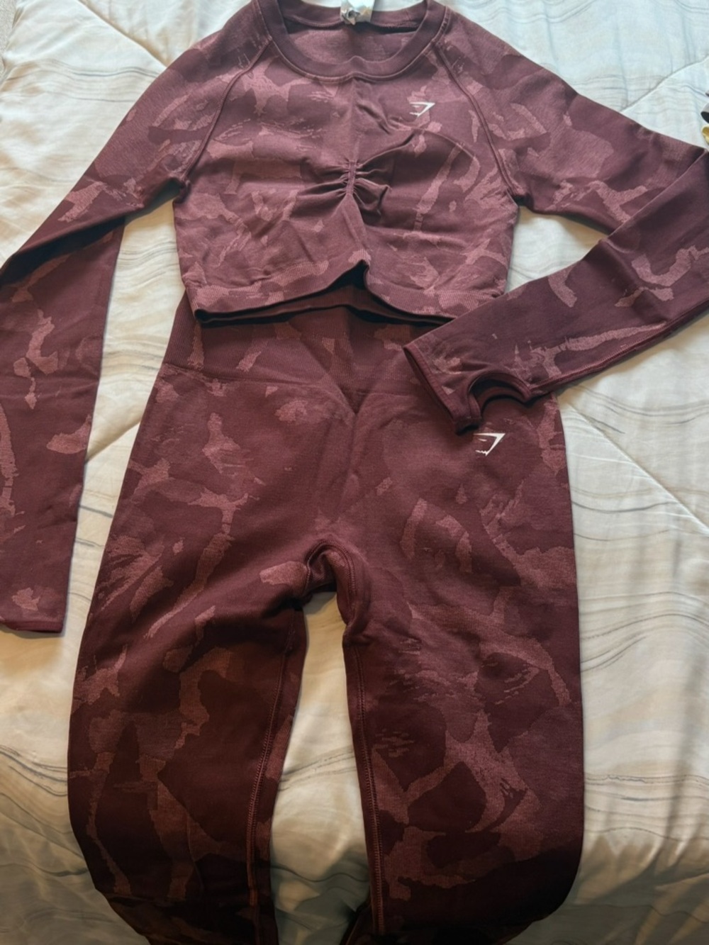 Gymshark Burgundy Camo Seamless Long Sleeve Crop Top & High-Waist Leggings